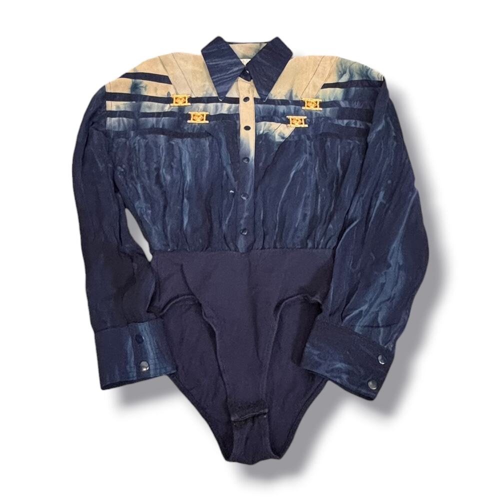 Vintage Cache 80s Blue Ombré Bodysuit Blouse Gold Greek Medallion Top Sheer Glam